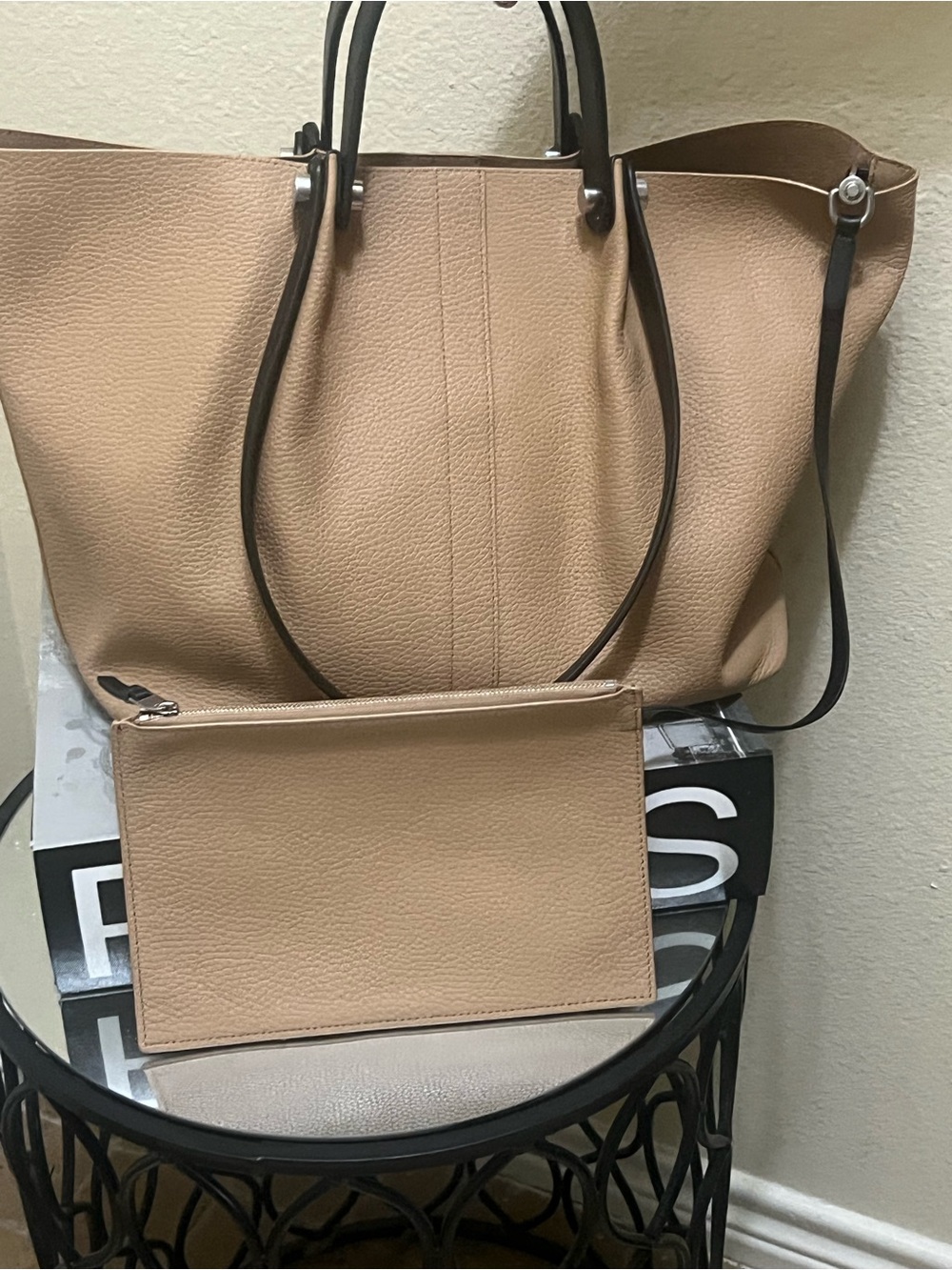 All Saints Beige Tan Leather Tote with Black Handles - Picture 8 of 13